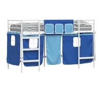 Struttura Letto Loft per Bambini con Tendine Bianco e Blu, Letto Alto in Metallo con Tenda a Rete Nera, Cabina Gioco Lettura, Testiera a Muro, Doghe Fisse, per Materasso 75x190 cm, Bianco e Blu