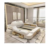 Struttura letto moderna di lusso con contenitore, testiera trapuntata in pelle bianca, cassaforte integrata, illuminazione LED, queen size (letto king size intelligente in pelle con stereo)