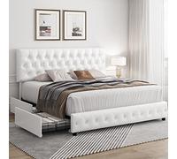 Struttura letto moderna imbottita con 4 cassetti, testiera trapuntata con bottoni, supporto a doghe in legno massello, facile da montare, dimensioni standard, colore bianco