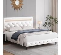 Struttura letto moderna imbottita con testiera a LED, struttura letto a basso profilo in ecopelle, supporto a doghe in legno, testiera imbottita regolabile, facile da montare, colore bianco