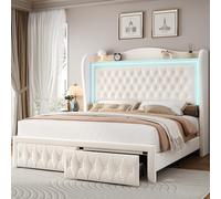 Struttura per letto queen size, altezza 139,7 cm, con luci a LED, bottoni trapuntati in velluto, piattaforma imbottita con 2 cassetti, doghe in legno, supporto per materasso, senza bisogno di molle