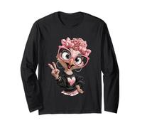 Struzzo Uccello Ragazza Segno della Pace Occhiali Rosa Kawaii Pop Graphic Maglia a Manica