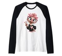 Struzzo Uccello Ragazza Segno della Pace Occhiali Rosa Kawaii Pop Graphic Maglia con Maniche Raglan