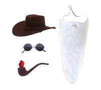 STSFXIF Long Beard Accessorio Set Cappello Cowboy Barba Lunga Voluminosa Baffi Spiritosi Occhiali Inclusi Materiale Durevole per Molteplici Usi