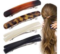 STSTR 4 fermagli per capelli da donna, 2 stili, a forma di conchiglia di tartaruga, curvi, lucidi, sottili, piatti, accessori per capelli da donna (nero, bianco, leopardo, ambra)