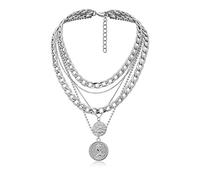Sttiafay Collana punk a catena grossa esagerata a strati cubana collana multistrato intagliata con ciondolo a moneta collana girocollo spessa gioielli da donna (oro), Metallo Argento