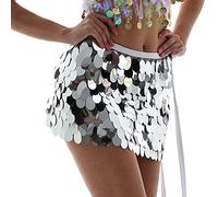 Sttiafay - Gonna per danza del ventre, sopra il ginocchio, con paillettes, da sirena, da avvolgere ai fianchi, per rave, carnevale, costume da donna