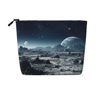 sttung Galaxy Moon Space Print Single Layer Imitazione Lino Trucco Borsa Donna Cerniera Viaggio Toiletry Pouch, Nero , Taglia unica