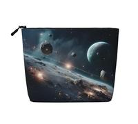 sttung Galaxy Moon Space Print Single Layer Imitazione Lino Trucco Borsa Donna Cerniera Viaggio Toiletry Pouch, Nero , Taglia unica