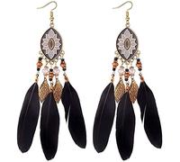 Stud Earrings,Vintage Tassel Earrings Handmade Feather Long Earrings Bohemian National Wind Drop Oil Geometric Ear Jewelry/Black