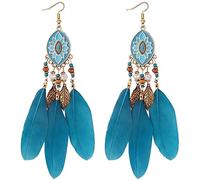 Stud Earrings,Vintage Tassel Earrings Handmade Feather Long Earrings Bohemian National Wind Drop Oil Geometric Ear Jewelry/Blue