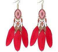 Stud Earrings,Vintage Tassel Earrings Handmade Feather Long Earrings Bohemian National Wind Drop Oil Geometric Ear Jewelry/Red