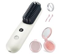 STUDLLY Mini spazzola lisciante portatile da viaggio senza fili agli ioni negativi pettine caldo per donne piastra per capelli piastra e arricciacapelli 2 in 1, spazzola pieghevole a specchio per