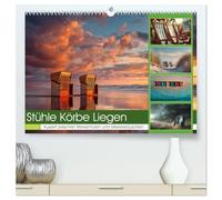 Stühle Körbe Liegen (hochwertiger Premium Wandkalender 2026 DIN A2 quer), Kunstdruck in Hochglanz: Zwischen Himmel und Meer sind Strandkörbe, Liegen und Stühle als stille Zeugen der Jahreszeiten.
