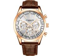 Stührling Original orologio cronografo da uomo, quadrante argentato con data, tachimetro e indicatore 24 ore. Cassa in acciaio oro rosa e cinturino in pelle marrone. Elegante e funzionale.
