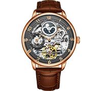 Stührling Original - Orologio da polso da uomo scheletro, automatico, quadrante analogico, doppio fuso orario, AM/PM Sun Moon, Oro, Cinturino