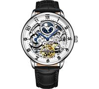 Stührling Original - Orologio da polso da uomo scheletro, automatico, quadrante analogico, doppio fuso orario, AM/PM Sun Moon, Oro, Cinturino