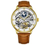 Stührling Original - Orologio da polso da uomo scheletro, automatico, quadrante analogico, doppio fuso orario, AM/PM Sun Moon, Oro, Cinturino