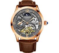 Stührling Orologio automatico originale da uomo con quadrante scheletrato, doppio fuso orario, AM/PM Sun Moon, cinturino in pelle, serie di orologi da uomo, Oro rosa e marrone, Orologio scheletro,
