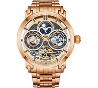 Stührling Orologio da uomo automatico in acciaio inox, quadrante scheletrato, doppio fuso orario, AM/PM Sun Moon, bracciale in acciaio inox, serie 371B, colore: oro rosa, Oro rosa, Orologio automatico
