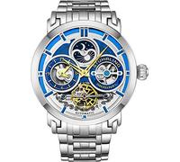 Stührling Orologio da uomo automatico in acciaio inox, quadrante scheletrato, doppio fuso orario, AM/PM Sun Moon, bracciale in acciaio inox, serie 371B (blu), Blu, Bracciale