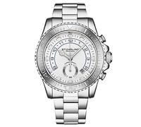 Stührling - Orologio da uomo con cronografo e cinturino in acciaio inox, con datario, corona a vite, resistente all'acqua fino a 10 ATM, Argento
