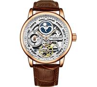 Stührling Orologio scheletrato da uomo Original, orologio automatico da uomo - Doppio fuso orario, AM/PM, sole e luna, cinturino in vera pelle