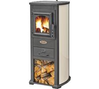 STUFA LEGNA 5.3 KW BERNA LUX BEIGE CON PIASTRA COTTURA PORTALEGNA ACCIAIO