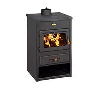 Stufa a legna in acciaio 9 kW con top e piano in ghisa, ceramica, ampio campo visivo, supporto in legno