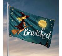 Stuff For Your Room Una strega che vola su una scopa sotto una luna piena con la parola "strega" bandiera camper bandiera spiaggia decorazioni per casa (30 x 45 cm)