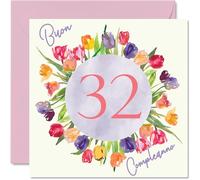 Stuff4 32° Biglietto Auguri Compleanno per Donne - Acquerello Tulipani Fiori Mazzo - Cartoline di Buon Compleanno per 32 Anni Donna Figlia Sorella Zia, 145mm Trentadue Compleanno