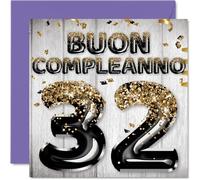 Stuff4 32° Biglietto Auguri Compleanno per Uomo - Palloncini Glitter Oro Nero - Cartoline di Buon Compleanno per 32 Anni Uomo Figlio Fratello Zio, 145mm Trentadue Compleanno