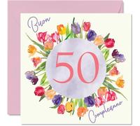 Stuff4 50° Biglietto Auguri Compleanno per Donne - Acquerello Tulipani Fiori Mazzo - Cartoline di Buon Compleanno per 50 Anni Donna Mamma Nonna Zia, 145mm Cinquanta Cinquantesimo Compleanno