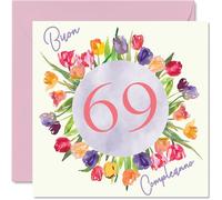 Stuff4 69° Biglietto Auguri Compleanno Donne - Acquerello Tulipani Fiori Mazzo - Cartoline di Buon Compleanno 69 Anni Donna Mamma Nonna Zia 145mm Sessanta nove Sessantanovesimo Compleanno