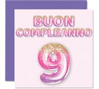 Stuff4 9° Biglietto Auguri Compleanno Ragazze - Palloncini Glitter Rosa Viola - Cartoline di Buon Compleanno 9 Anni Ragazza Figlia Sorella Nipotina Cugino 145mm Nove Nono Compleanno