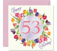 Stuff4 Bellissimo biglietto di auguri per il 53° compleanno da donna, con fiori di tulipani acquerelli, biglietto di auguri per la nonna e la tata, regalo di compleanno, 145 mm x 145 mm