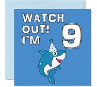 Stuff4 Biglietto auguri per il 9° compleanno per ragazzo - Shark Watch Out - 9 Year Old Boy Boys Cards for Him 145mm Biglietto auguri per figlio fratello nipote cugino Dio figlio nono compleanno