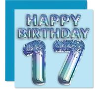 Biglietto di auguri 17° compleanno ragazzi con palloncini blu glitterati - Biglietti di auguri 17 anni figlio fratello nipote 145mm diciassette diciassette
