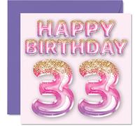 Stuff4 Biglietto di auguri 33° compleanno da donna palloncini rosa e viola glitterati 33 anni amica sorella mamma zia 145mm trentatré e trentatreesimo compleanno