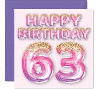 Stuff4 Biglietto di auguri 63° compleanno da donna con palloncini glitterati rosa e viola biglietti di buon compleanno donna di 63 anni mamma bambinaia nonna Gran zia 145mm