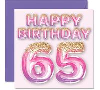 Biglietto di auguri 65° compleanno da donna con palloncini glitterati rosa e viola biglietti di buon compleanno donna di 65 anni mamma bambinaia nonna Gran zia 145mm
