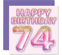 Biglietto di auguri 74° compleanno da donna - Palloncini glitterati rosa e viola - Biglietti di auguri 74 anni mamma nonna nonna 145mm 74° compleanno 74° compleanno regalo