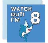 Biglietto di auguri 8° compleanno ragazzo - Shark Watch Out - Birthday Card 8 anni ragazzi lui 145mm biglietto di auguri figlio fratello nipote cugino dio figlio ottavo compleanno
