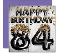 Stuff4 Biglietto di auguri 84° compleanno da uomo con palloncini glitterati neri e dorati biglietti di auguri 84 anni papà bisnonno Gran 145mm regalo 84° compleanno