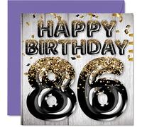 Stuff4 Biglietto di auguri 86° compleanno da uomo con palloncini glitterati neri e dorati biglietti di auguri 86 anni papà bisnonno Gran 145mm regalo ottantasei ottantasei bagni