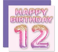 Stuff4 Biglietto di auguri il 12° compleanno ragazze con palloncini glitterati rosa e viola biglietti di auguri 12 anni figlia sorella nipote cugina 145mm dodicesimo