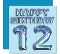 Stuff4 Biglietto di auguri il 12° compleanno ragazzi con palloncini blu glitterati - Biglietti di auguri 12 anni figlio fratello nipote 145mm regalo dodici dodici anni