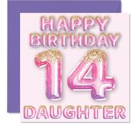 Stuff4 Biglietto di auguri il 14° compleanno figlia palloncini glitterati rosa e viola biglietti di auguri di compleanno figlia di 14 anni da mamma papà genitori 145mm