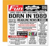 Biglietto di auguri il 35° compleanno uomo e donna con giornale Born In 1989 Happy 35 Birthday Card fratello sorella amici vintage retro 1989 145mm trentacinque biglietti