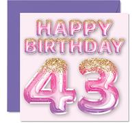 Biglietto di auguri il 43° compleanno da donna con palloncini glitterati rosa e viola 43 anni mamma cugina amica sorella zia 145mm quarantatré e quarantatreesimi